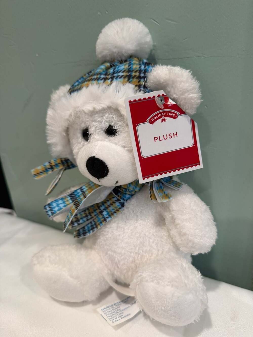 Hugfun Winter White Teddy Bear Plush with Blue Plaid Trapper Hat and Scarf - Picture 2 of 6